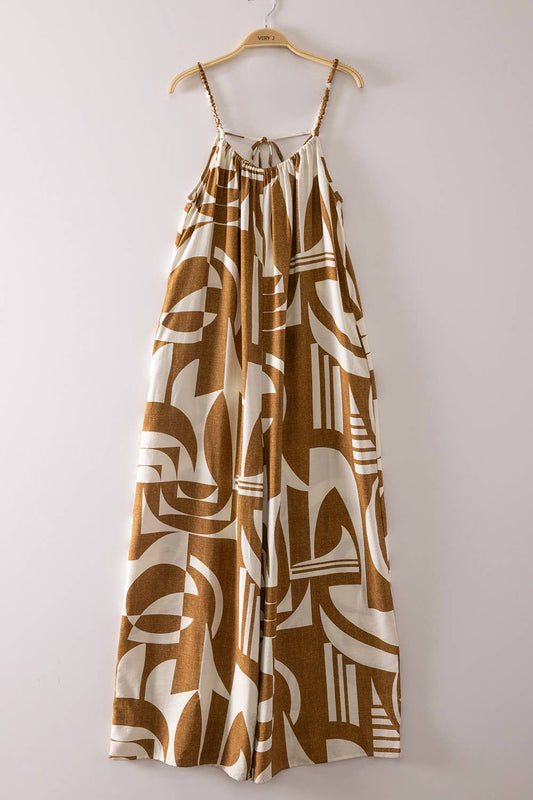 Strap Oversized Woven Print Jumpsuit: MOCHA MIX
