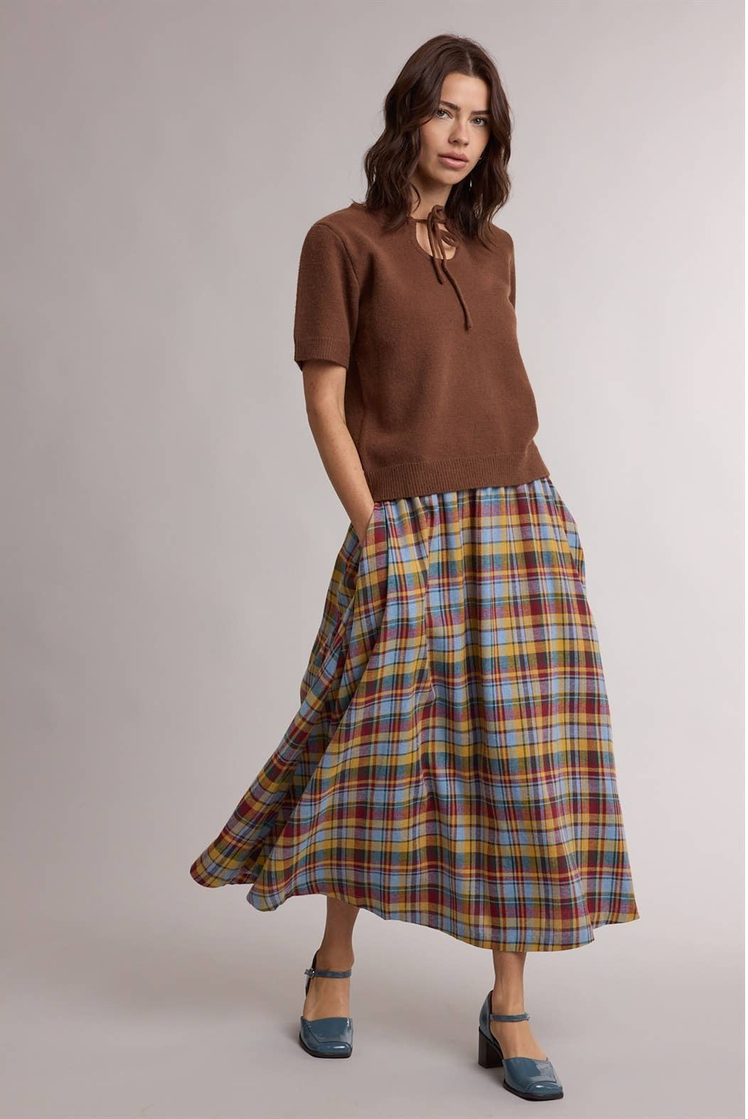 PLAID A-LINE MIDI SKIRT: RED/SKY MULTI