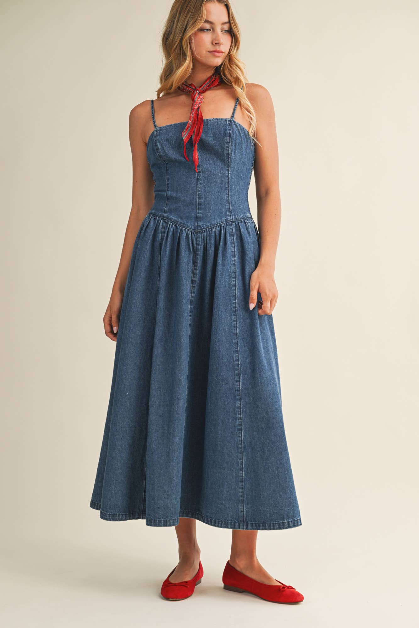 Seamed Bustier Full Skirt Denim Dress: WASHED DENIM