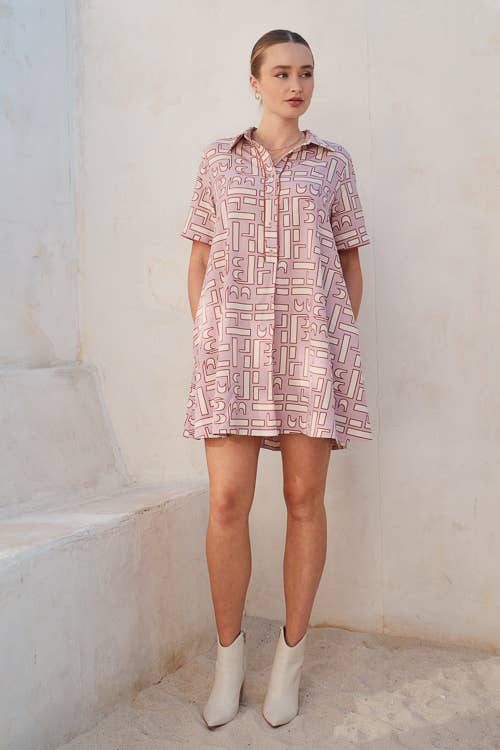 ABSTRACT PATTERN MINI SHIRT DRESS: Mauve