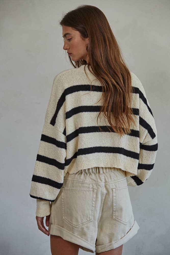 Knit Sweater Striped Crewneck Long Sleeve Top: Natural Black