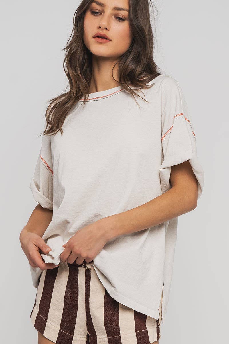 Contrast Stitch Mineral Wash Oversized Tee: CHALK