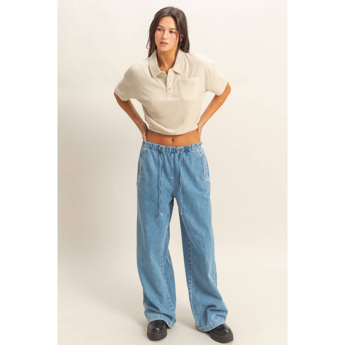 Collared Short Sleeve Crop Top: FRENCH VANILLA