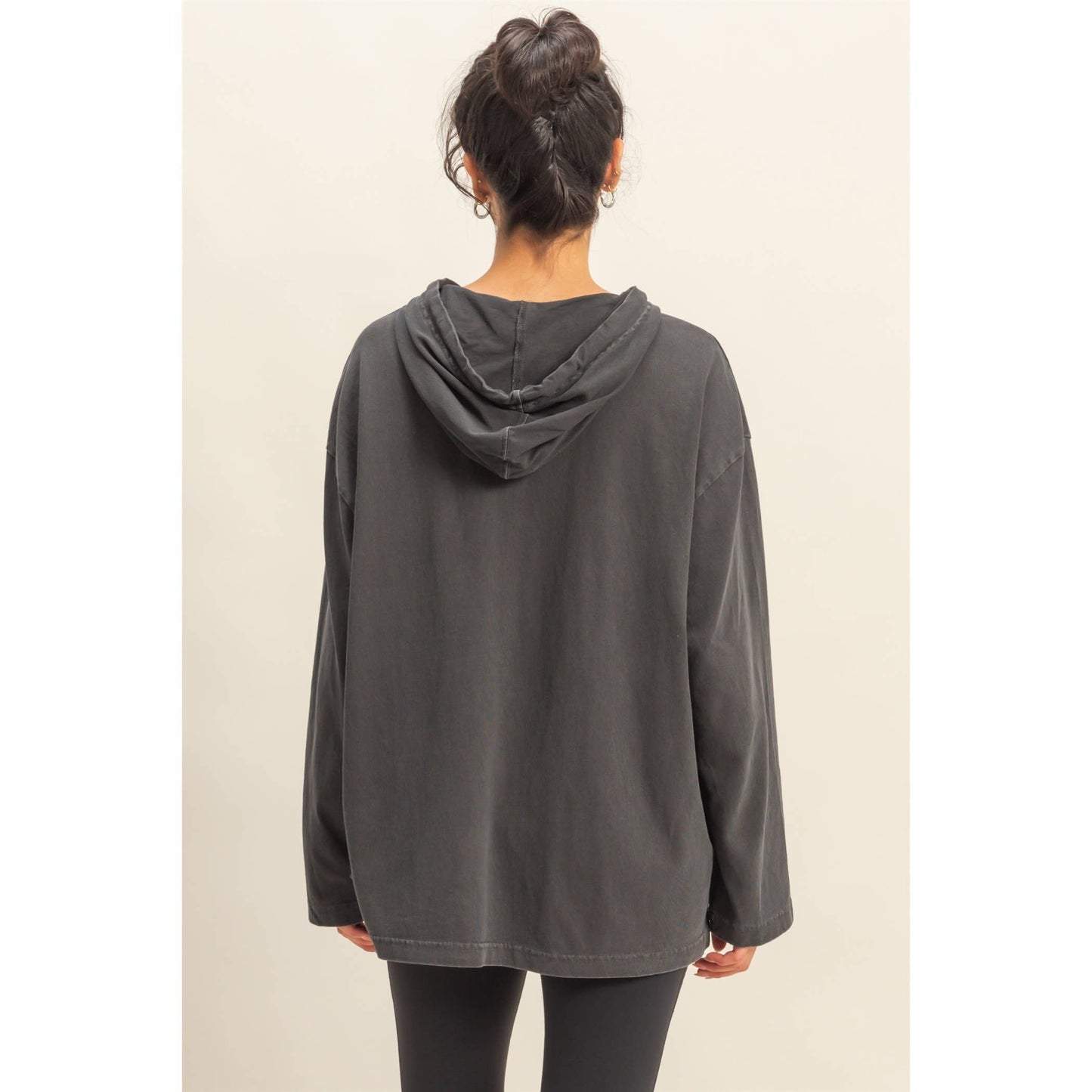 Oversized Hooded Long-Sleeve Top: BLACK
