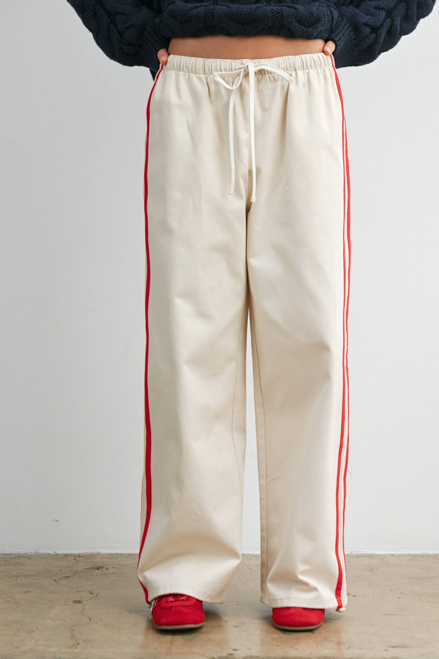 Striped Wide-Leg Drawstring Track Pants: IVORY / RED