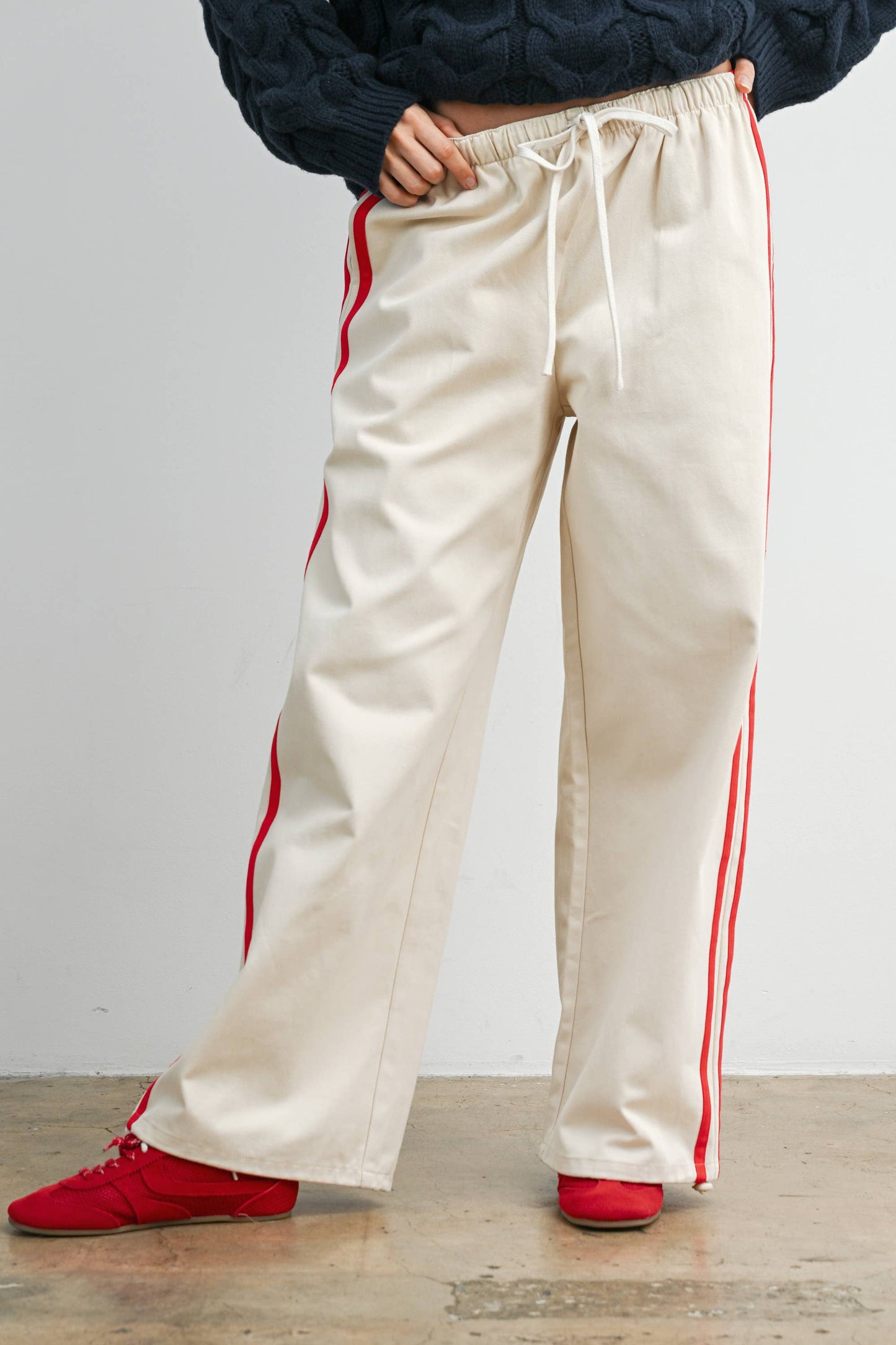 Striped Wide-Leg Drawstring Track Pants: IVORY / RED