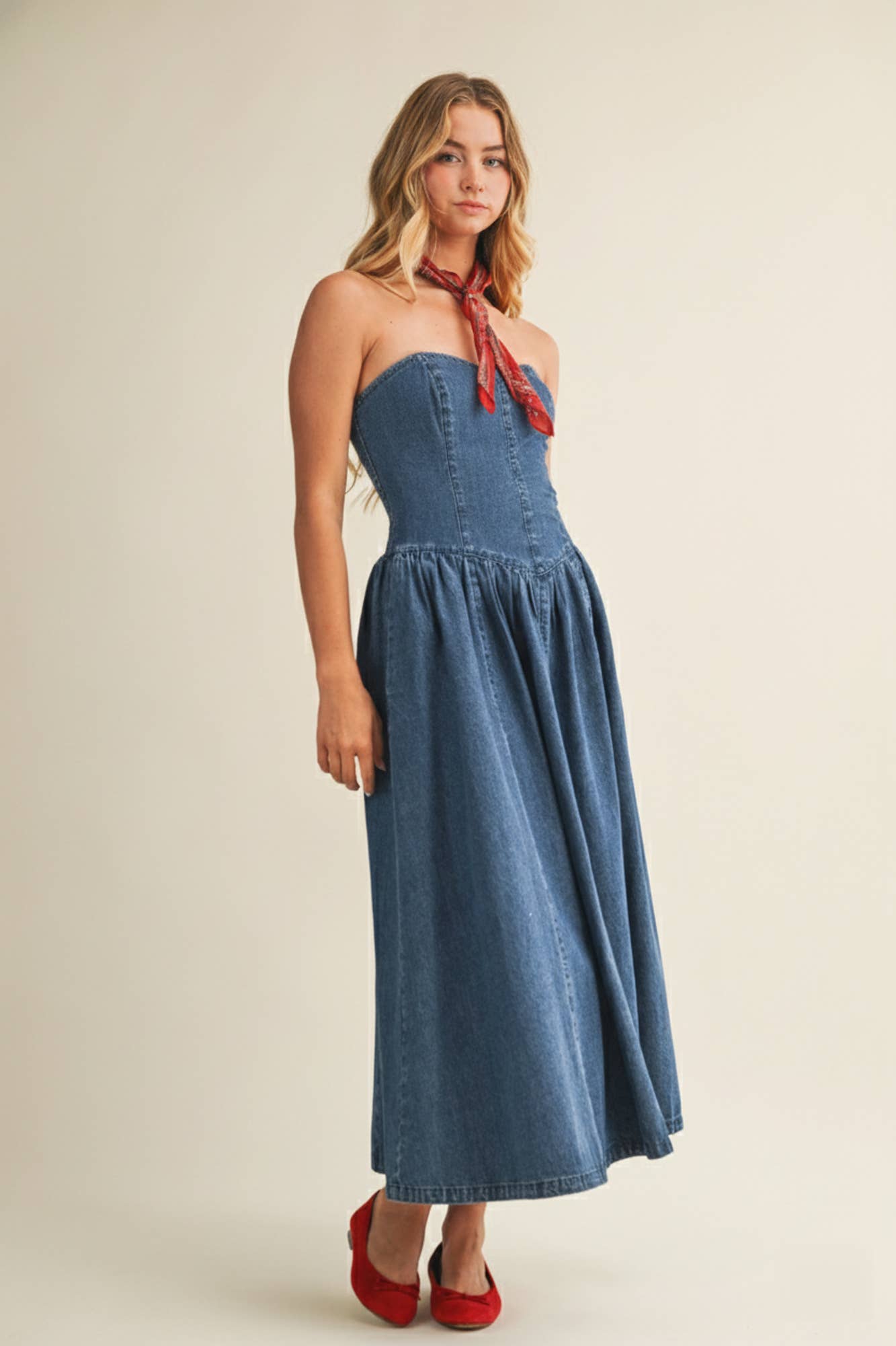 Seamed Bustier Full Skirt Denim Dress: WASHED DENIM