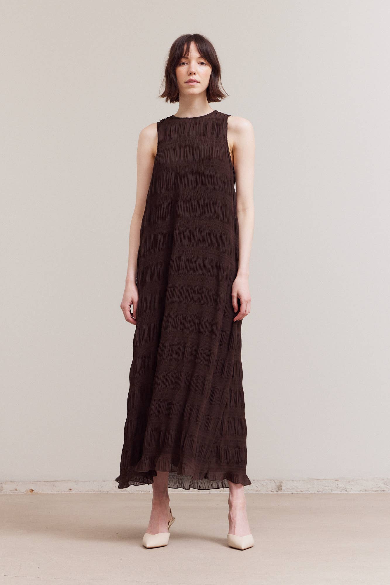 PRE ORDER- ships 11/15 PLEATED CHIFFON DRESS: CHOCOLATE