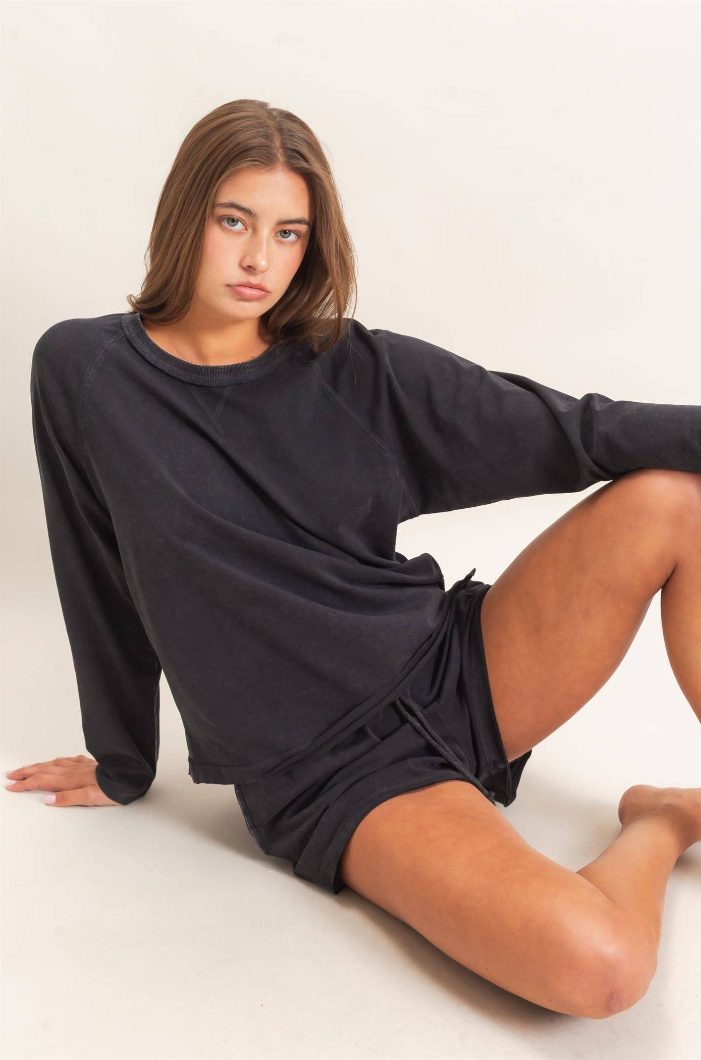 Mineral Wash Long Sleeve Raw Edge Top & Shorts Set: BLACK