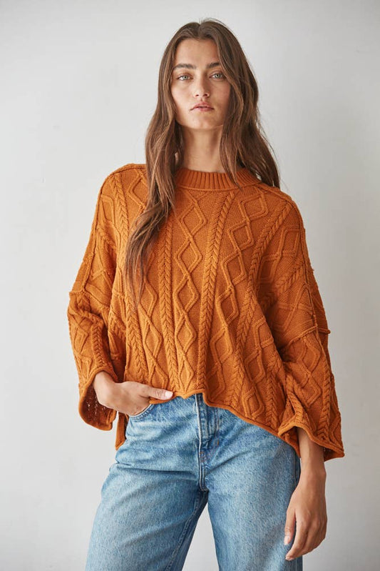 Knit Cable Sweater 3/4 Sleeve Pullover: Ginger