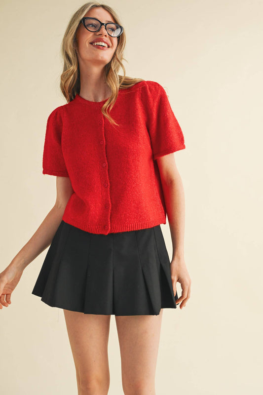 SHORT PUFF SLEEVE SWEATER CARDIGAN: Red