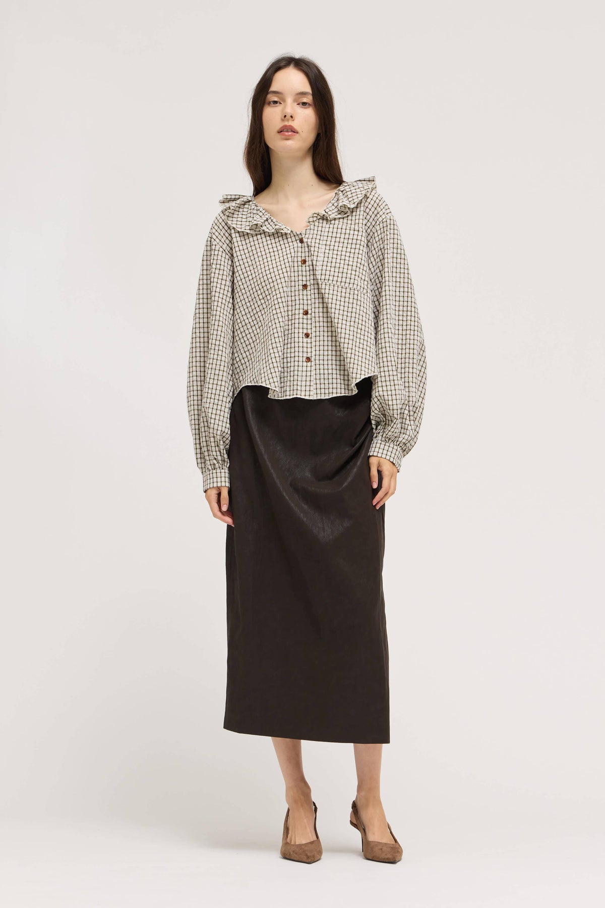 RUFFLE PLAID BLOUSE: OLIVE