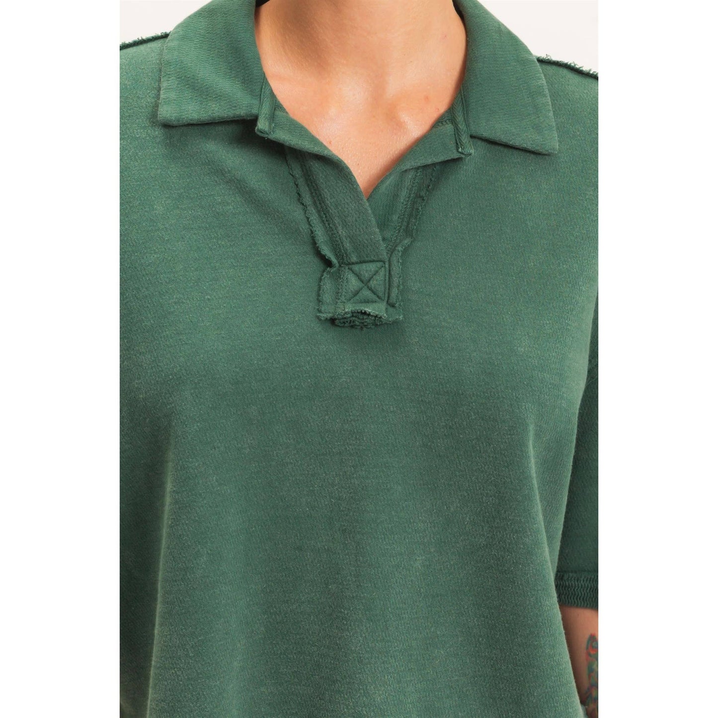 Mineral Wash Oversized Collar Short Sleeve Top: DARK GREEN