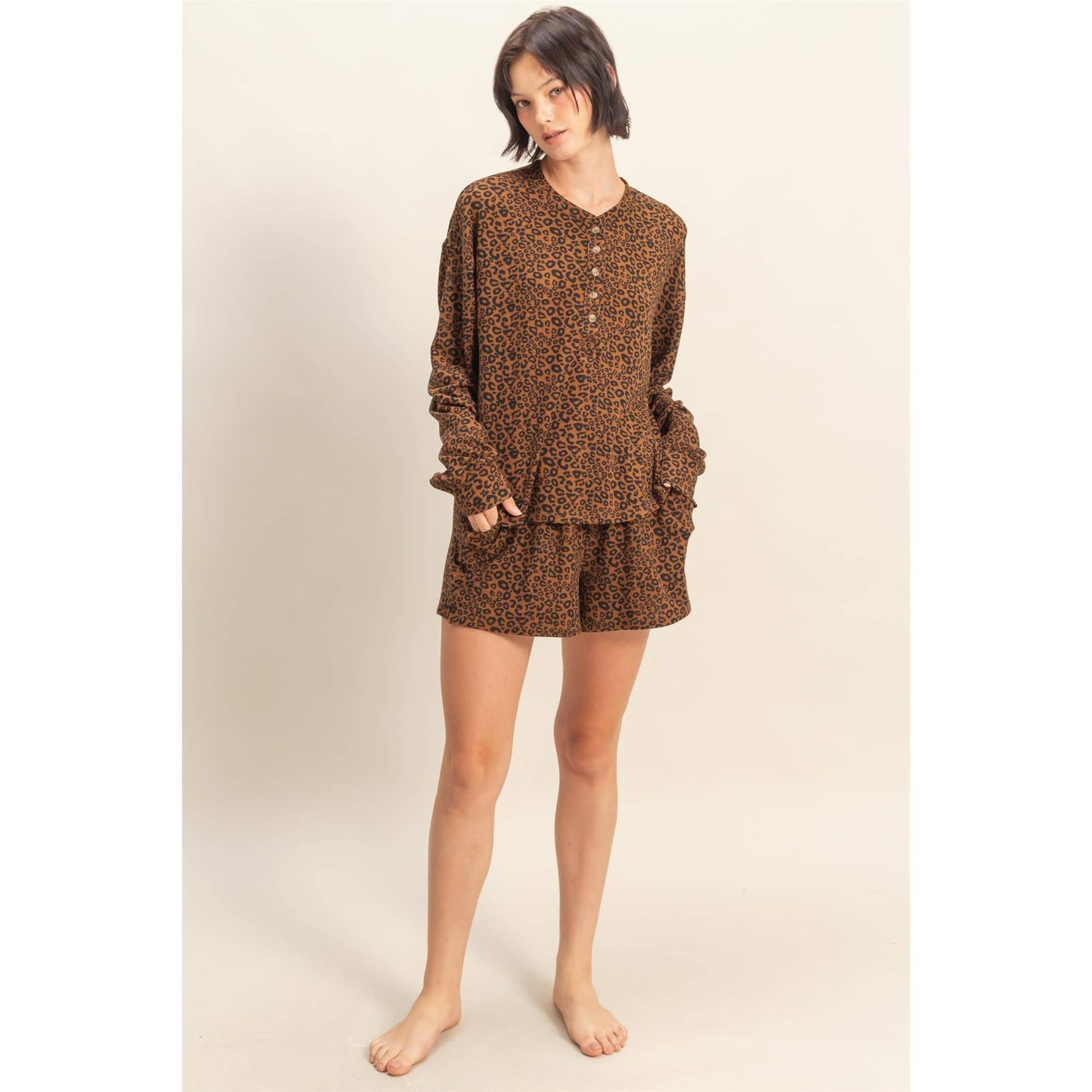Leopard Print Henley Top & Shorts Set: BROWN