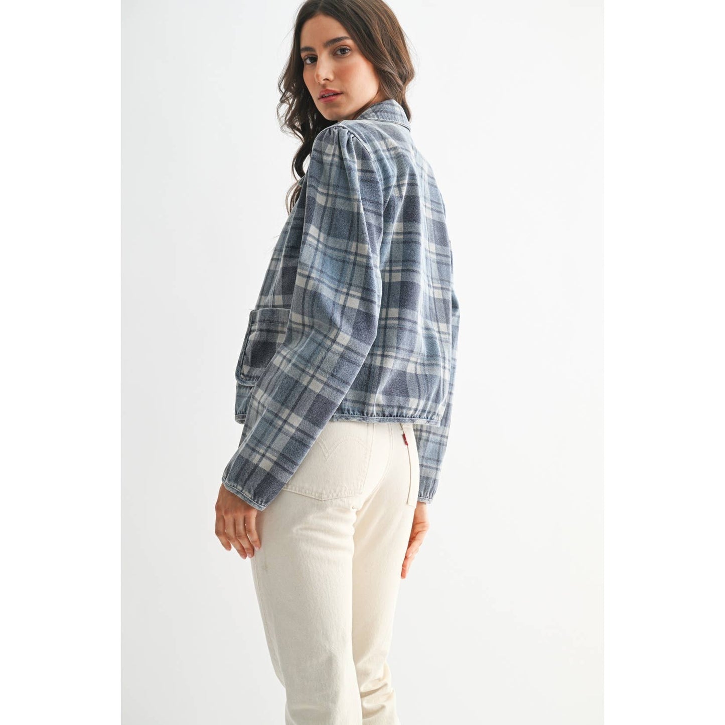 PLAID DENIM JACKET: MEDIUM DENIM WASH PLAID / S-M-L(3-2-1)