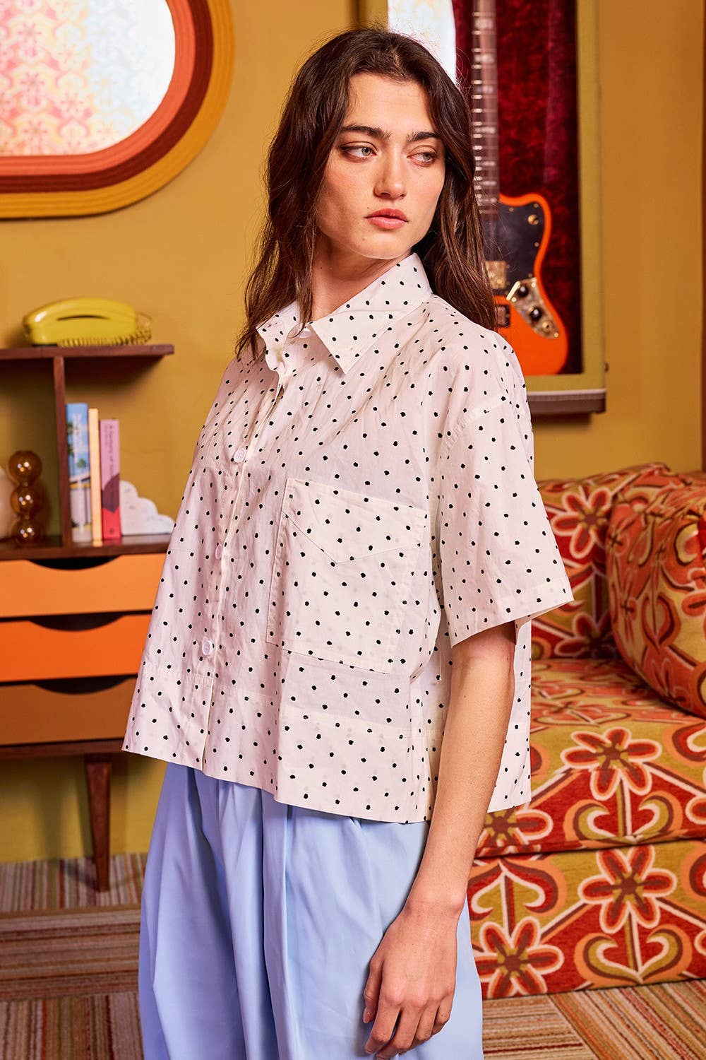 Polka-Dot Print Short sleeve Cropped shirts: Ivory/Black