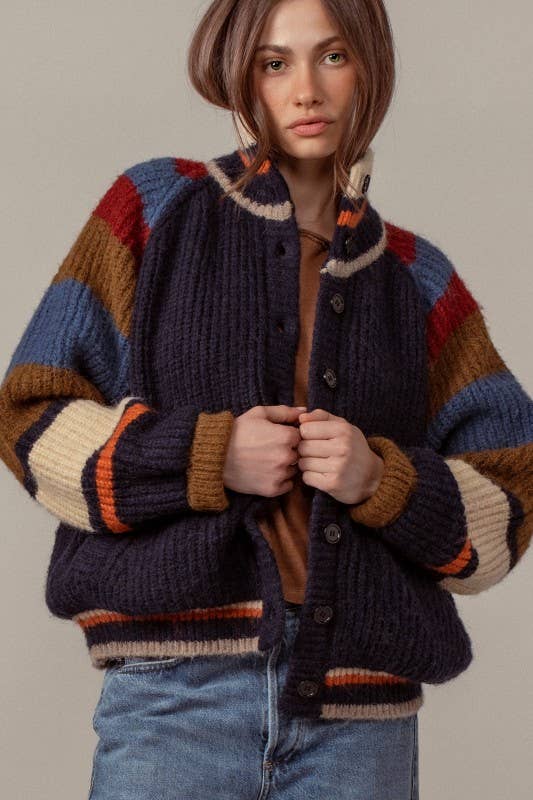 Chunky Rib-Knit Faux Fur Lined Cardigan: NAVY