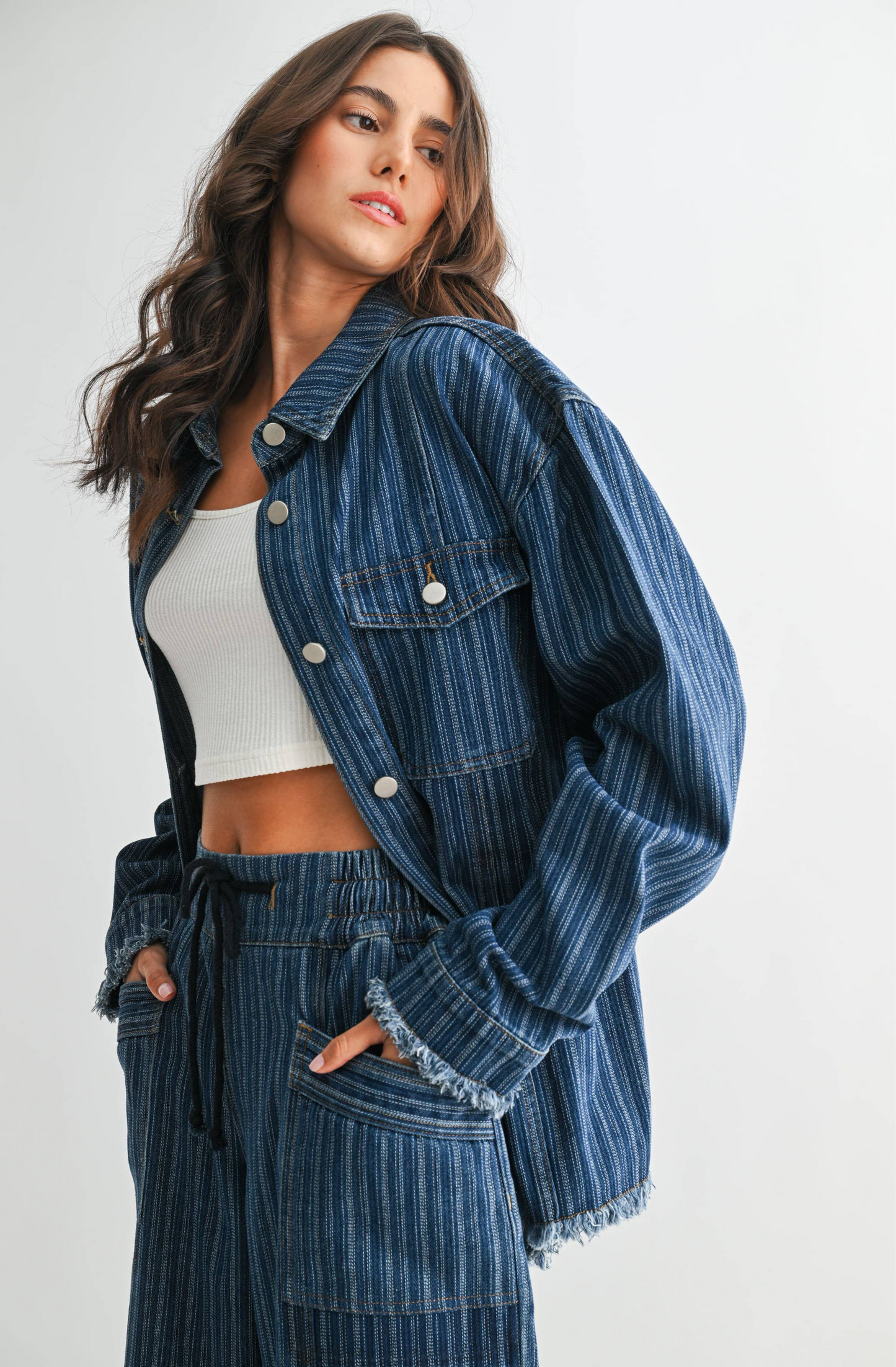 STYLISH STRIPED DENIM JACKET: DARK DENIM