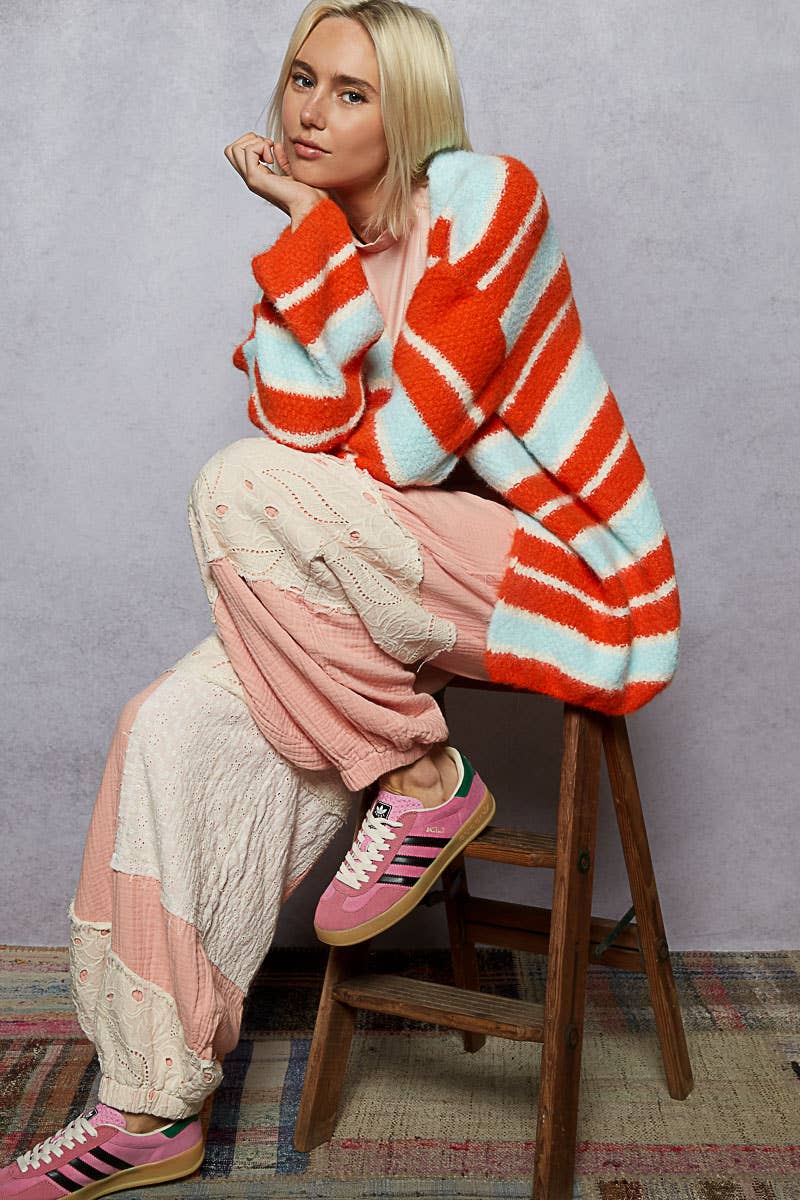 V-neck long sleeve stripe mohair sweater cardigan: SKY/ORANGE / M