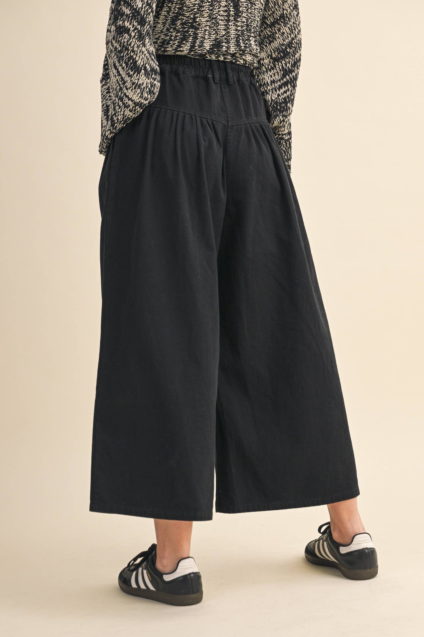 COTTON TWILL HIGH WAIST CROPPED WIDE LEG PANTS: Black