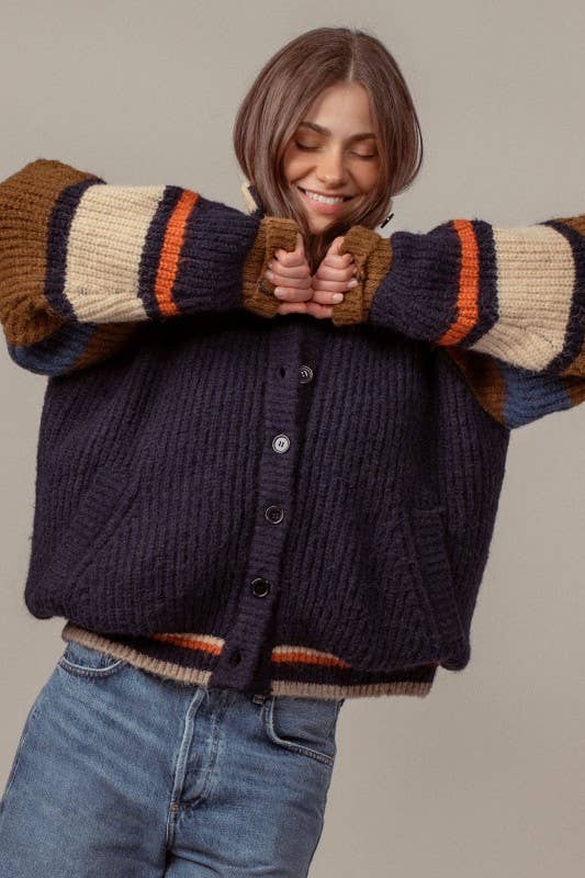 Chunky Rib-Knit Faux Fur Lined Cardigan: NAVY