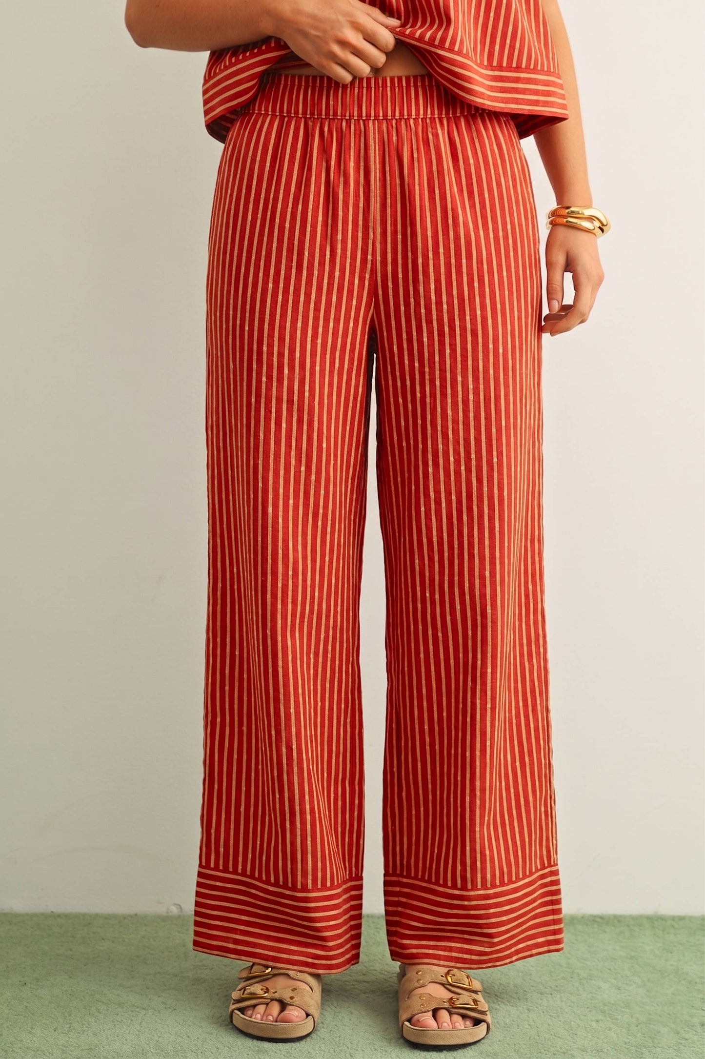 STRIPED PRINT STRAIGHT WIDE LEG PANTS: TOMATO