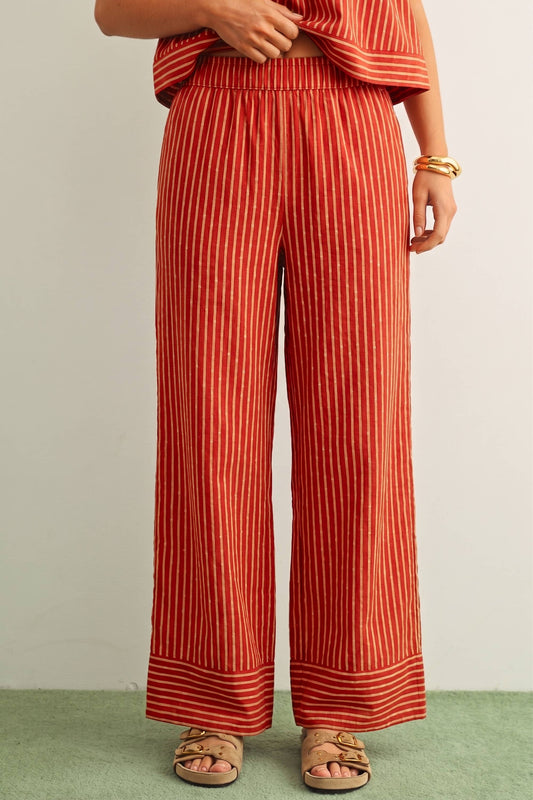 STRIPED PRINT STRAIGHT WIDE LEG PANTS: TOMATO