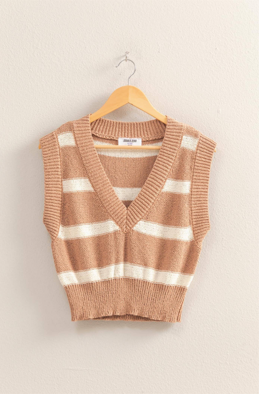 Striped V-Neck Sweater Vest: CREAM/DARK TAUPE