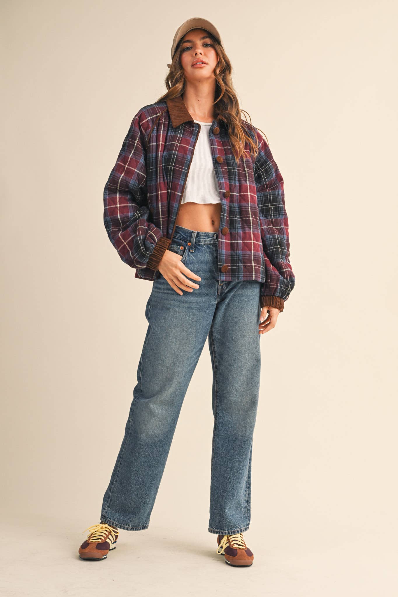PLAID QUILTED JACKET WITH CONTRAST CORDUROY DETAIL: Mulberry Plaid