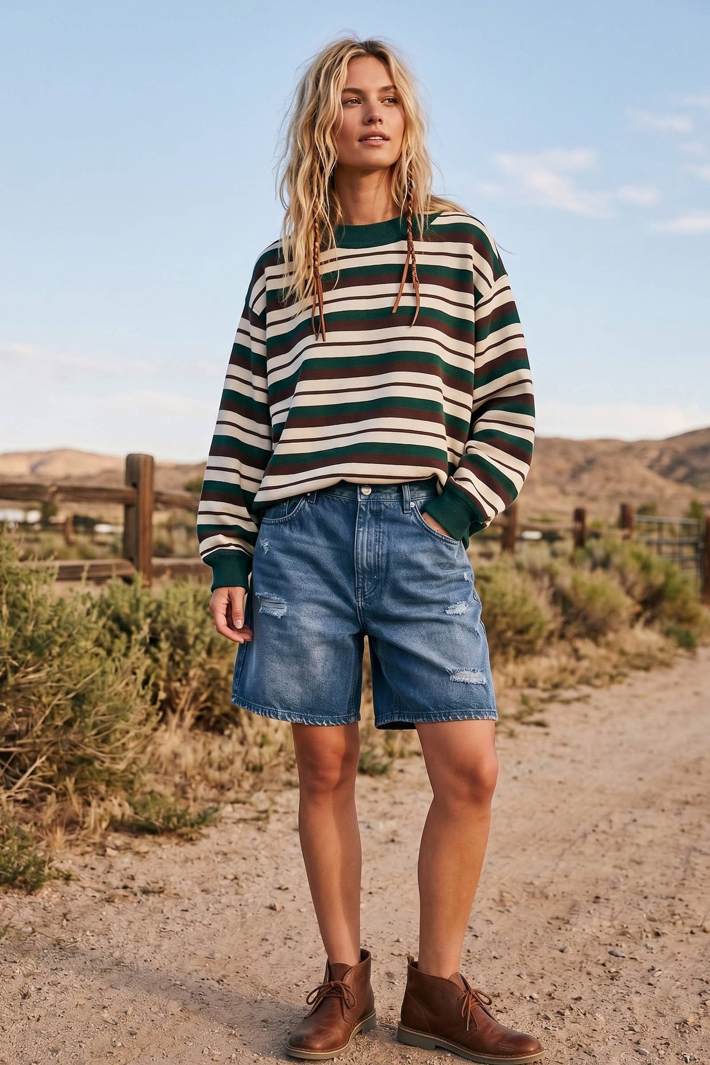 Oversized French Terry Striped Sweatshirt: GREEN/BROWN/CREAM