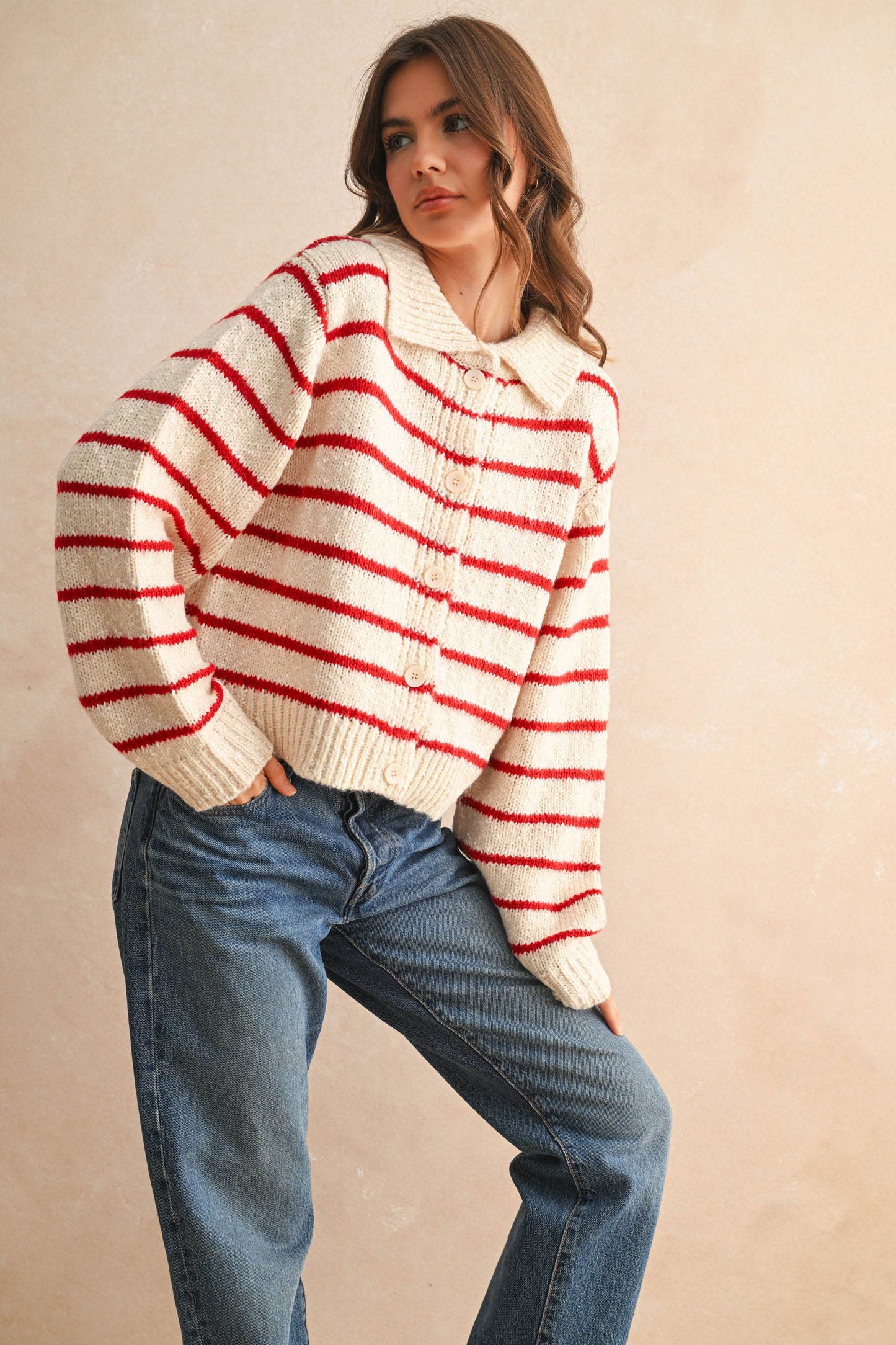 BUTTONDOWN STRIPED KNITTED CARDIGAN: Red
