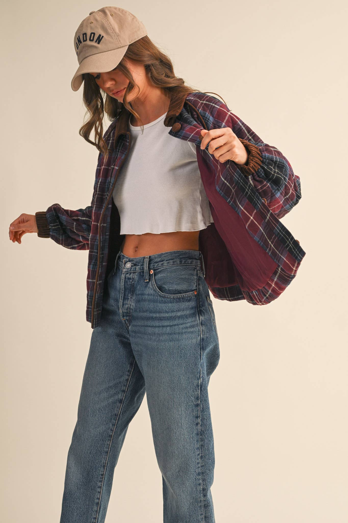 PLAID QUILTED JACKET WITH CONTRAST CORDUROY DETAIL: Mulberry Plaid