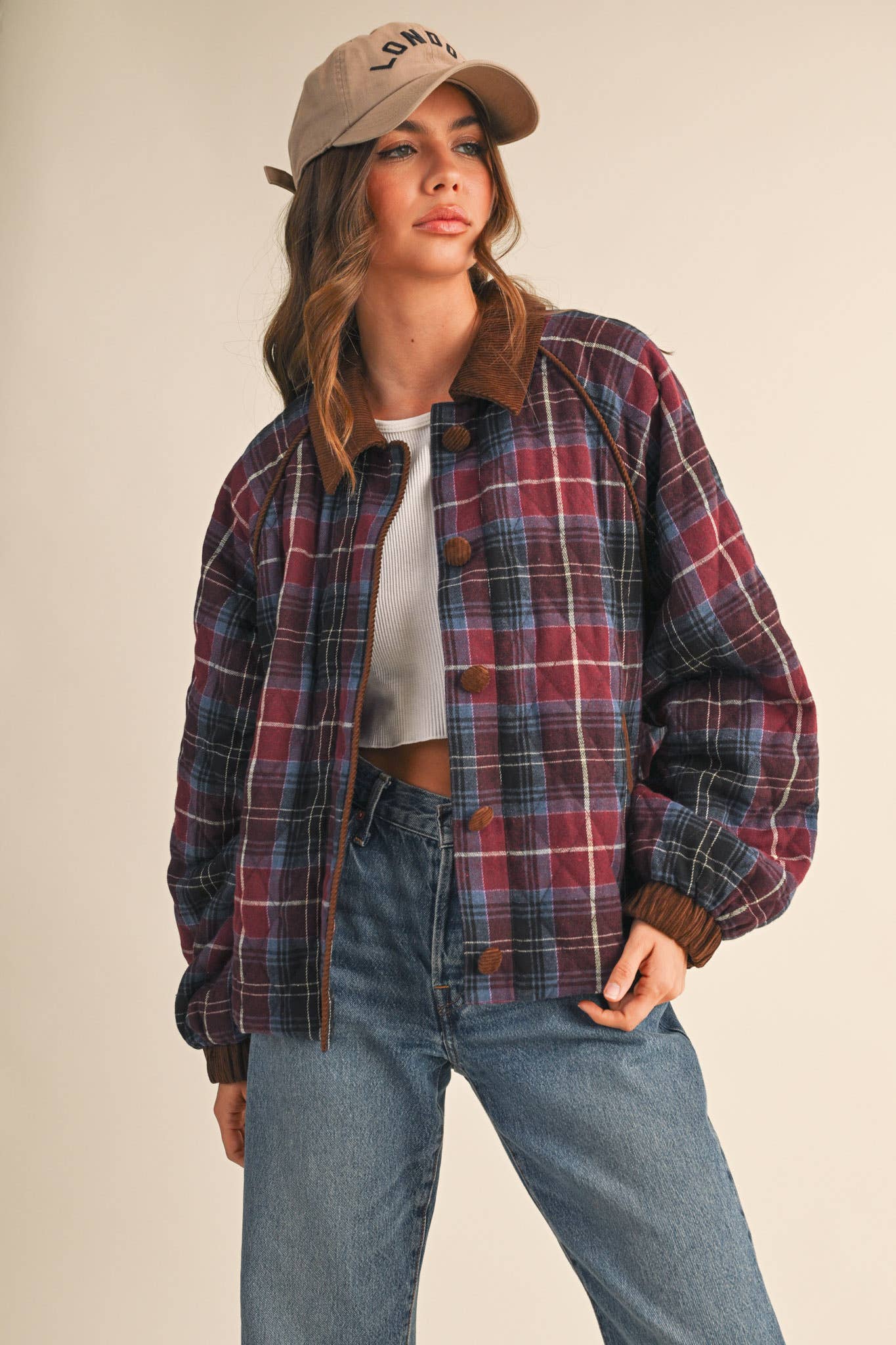 PLAID QUILTED JACKET WITH CONTRAST CORDUROY DETAIL: Mulberry Plaid