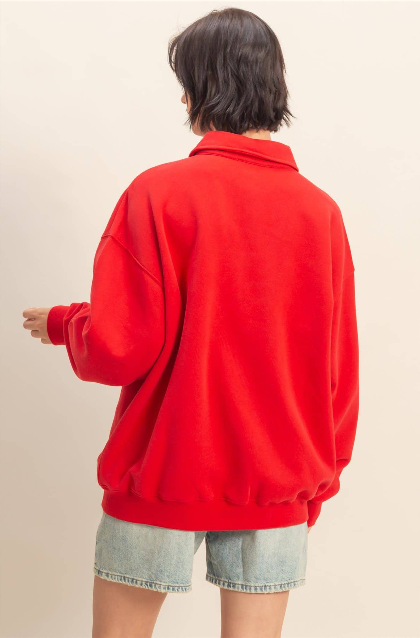 Oversized Polo Collared Pullover: RED