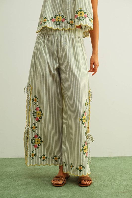 FLORAL EMBROIDERY WITH STRIPED PANTS