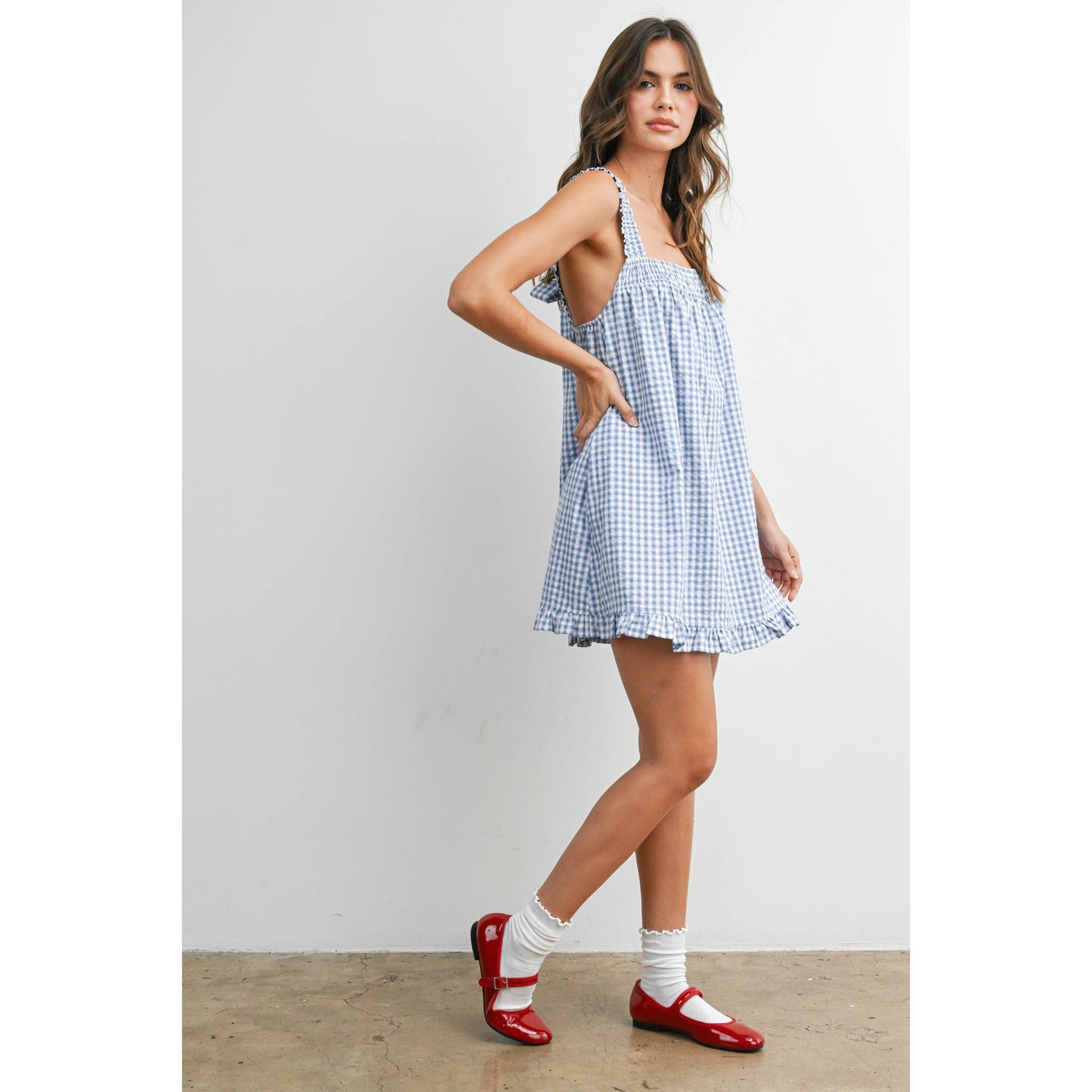 Back-Tie Smocked Ruffle Gingham Dress: BLUE / IVORY
