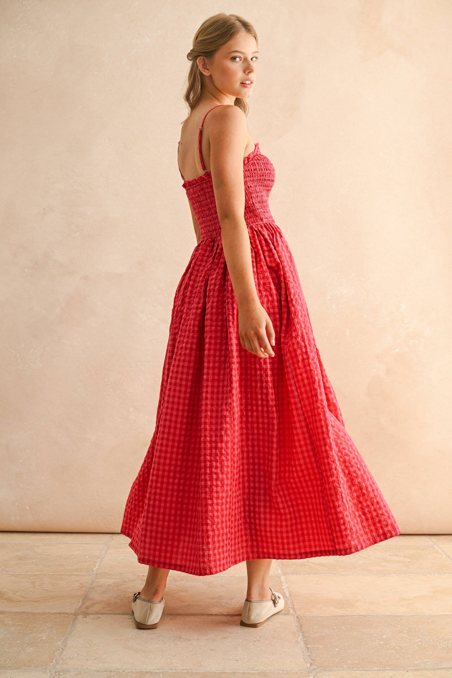 GINGHAM PRINT LONG DRESS: CHERRY