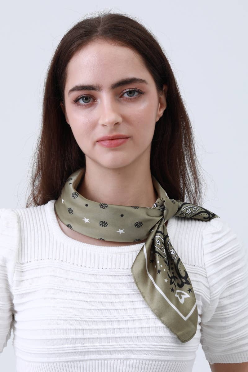 Celestial Floral & Paisley Print Bandana: Olive