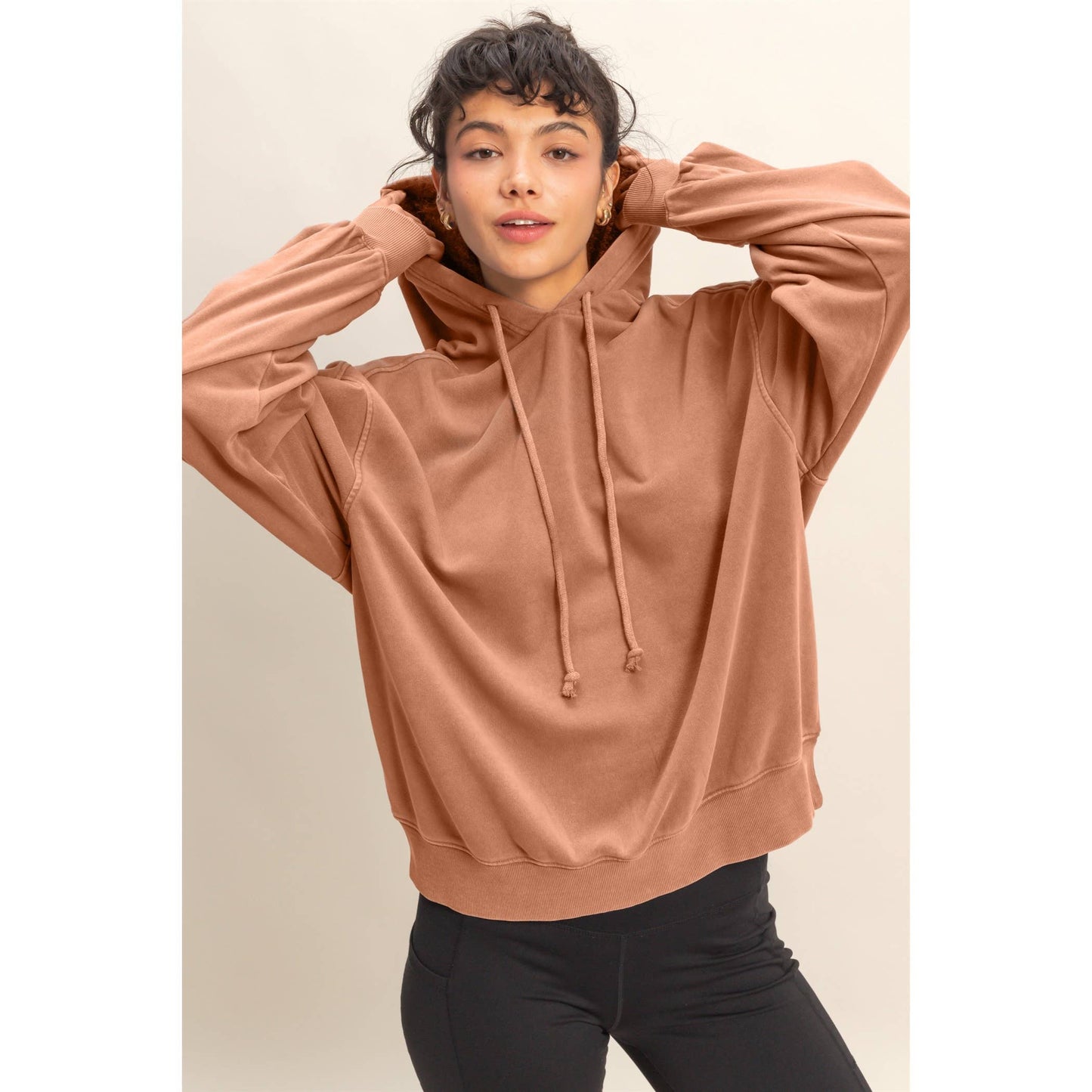 Mineral Washed Seam Detail Hoodie: DARK BROWN