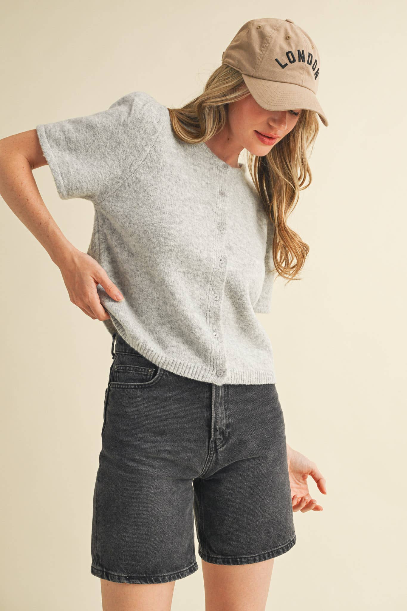 SHORT PUFF SLEEVE SWEATER CARDIGAN: H GREY