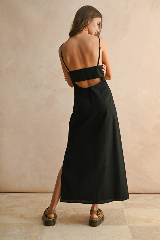 LINEN LONG STRAIGHT DRESS: Black