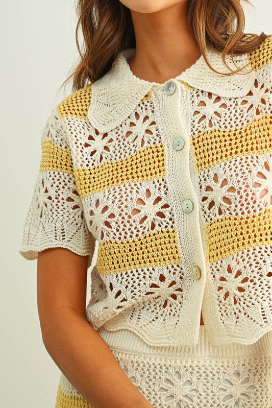FLORAL CROCHET KNIT TOP: CREAM/CUSTARD