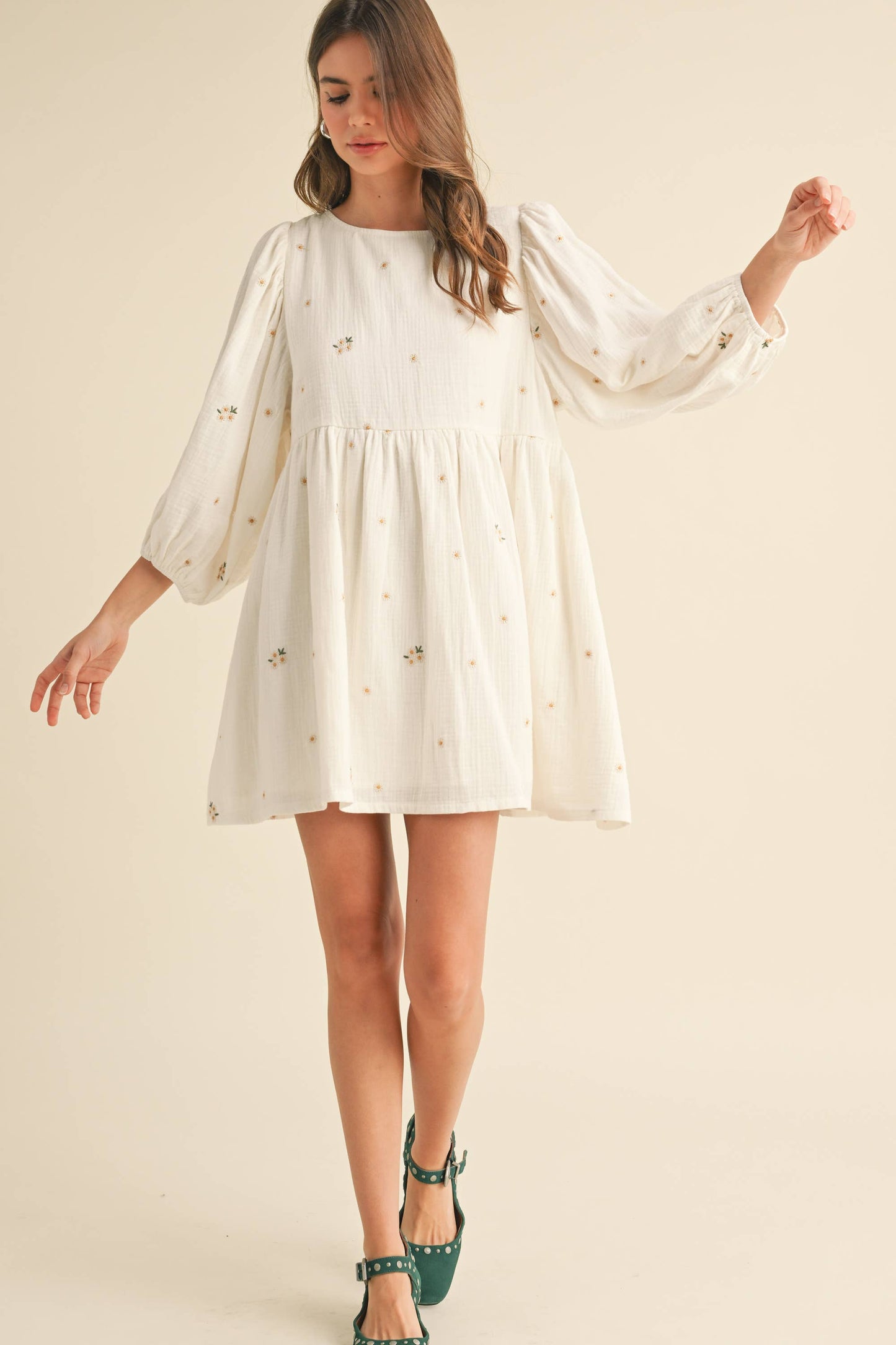FLORAL GAUZE PUFF SLEEVE BABYDOLL MINI DREES