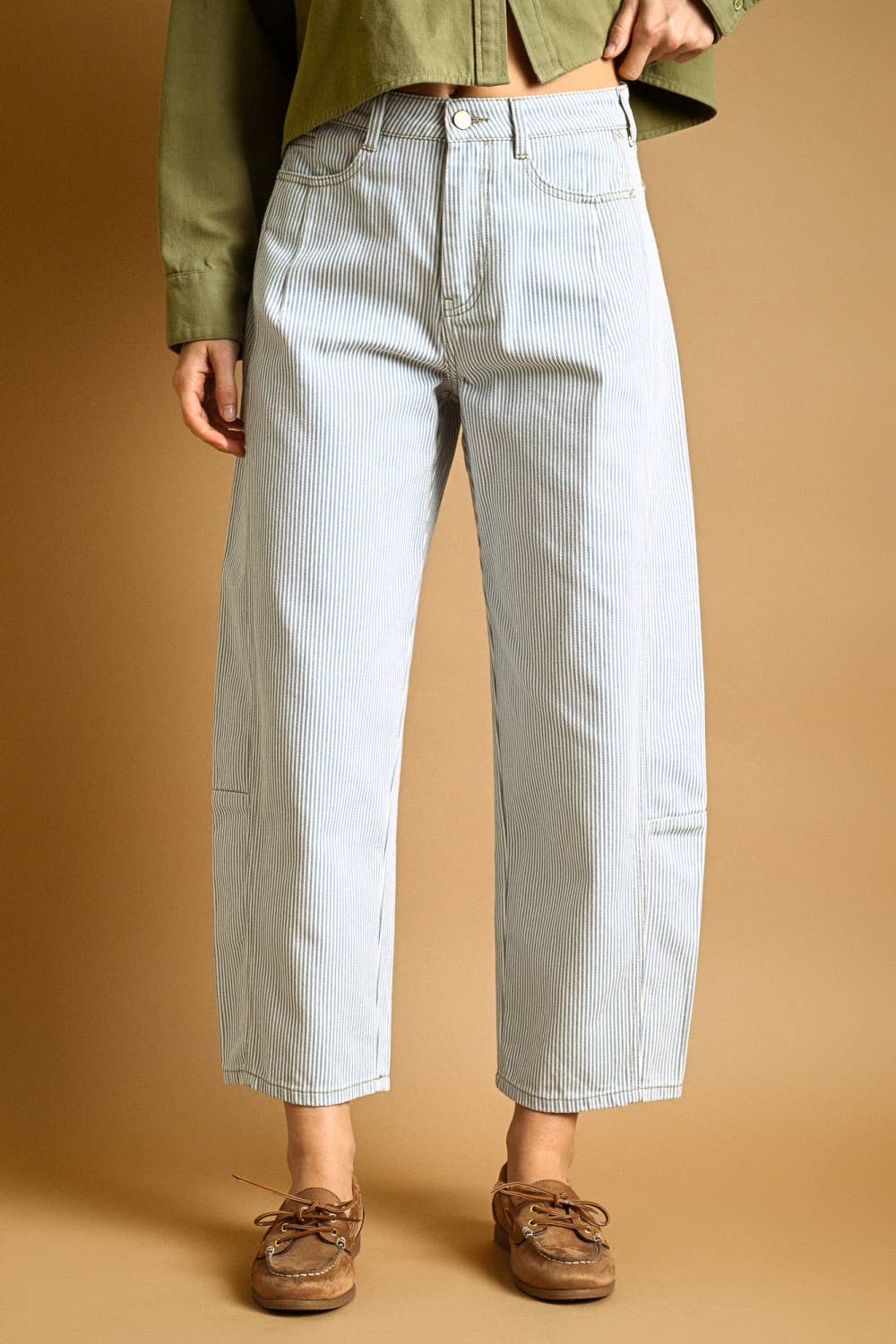 STRIPED COTTON BARREL PANTS: LT BLUE