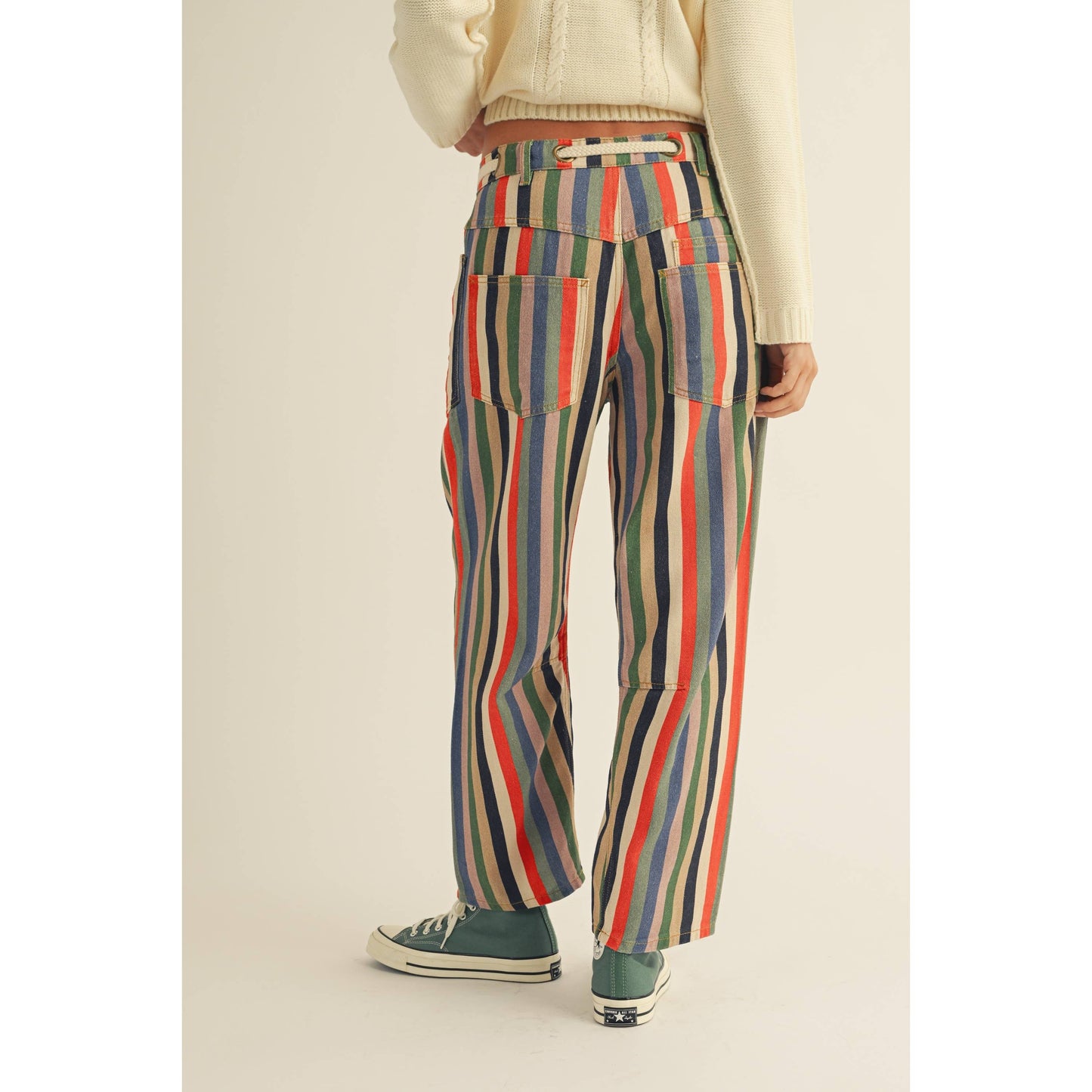Washed Multi Stripes Rope String Relaxed Fit Pant