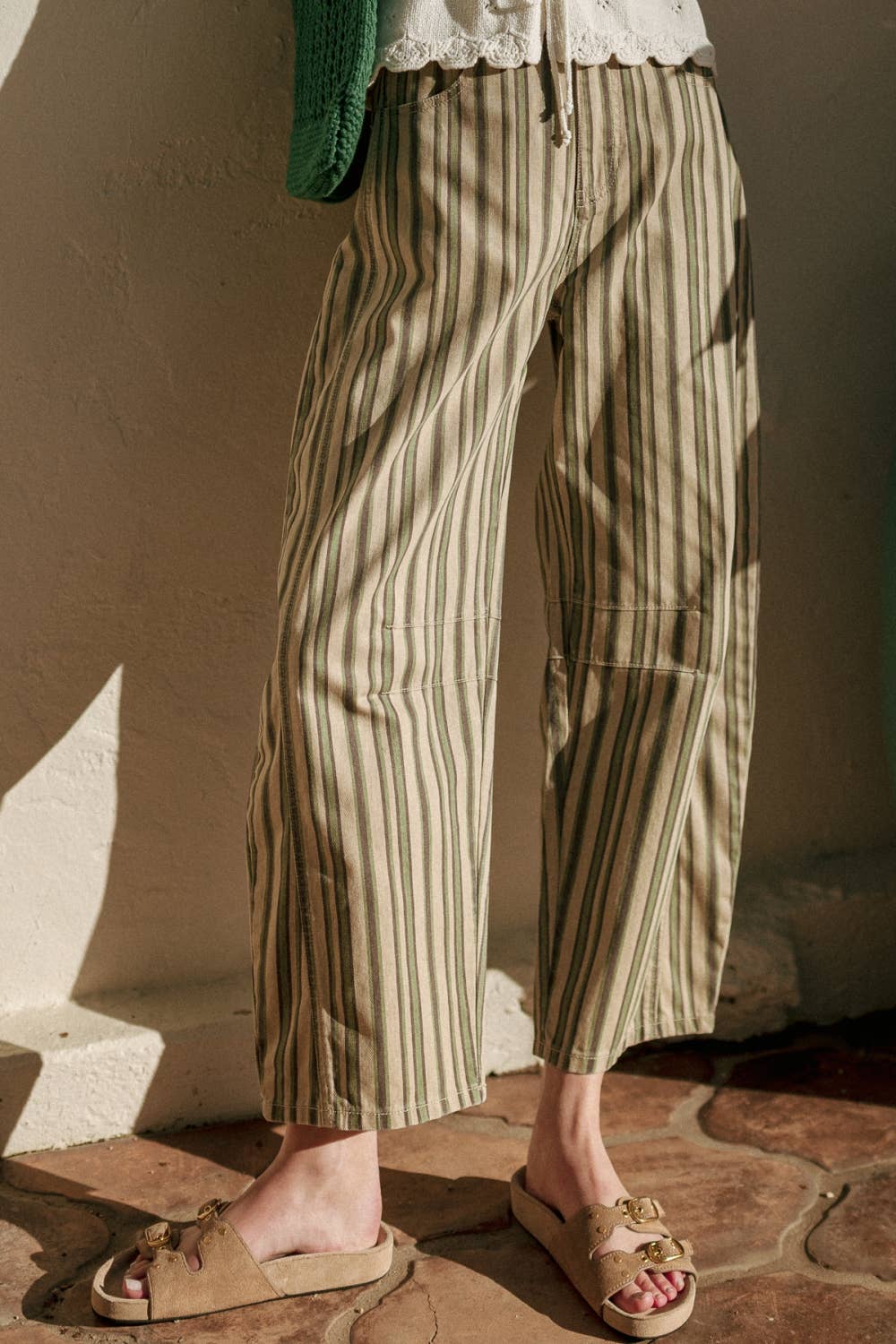 MULTI MIX STRIPE PRINTED BARREL PANTS: GREEN MULTI
