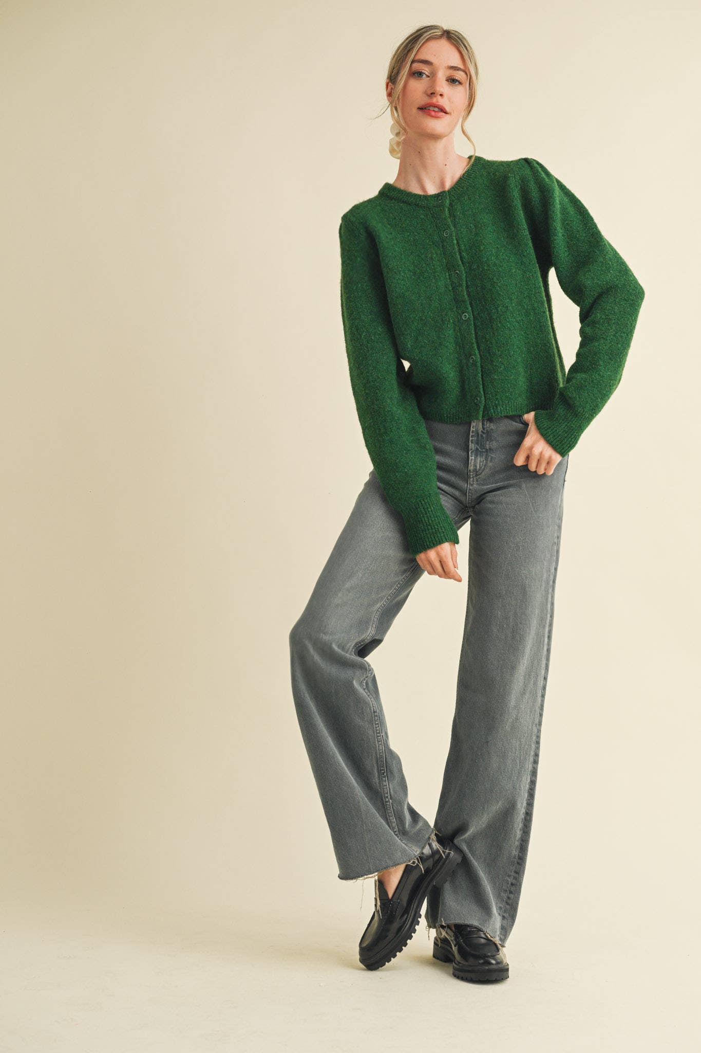 HEAVY PUFF SLEEVE SWEATER CARDIGAN: CHARCOAL