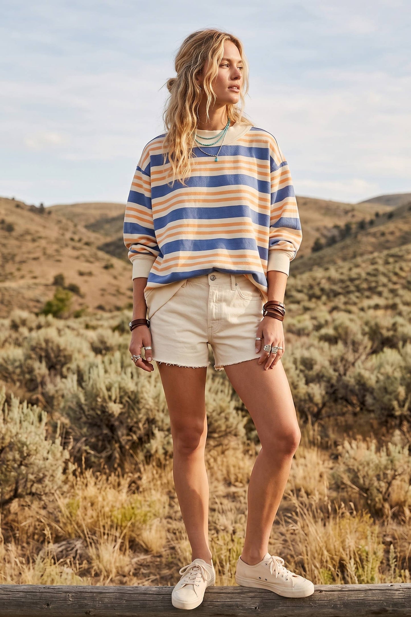 Oversized Terry Striped Sweatshirt: DENIM/APRICOT