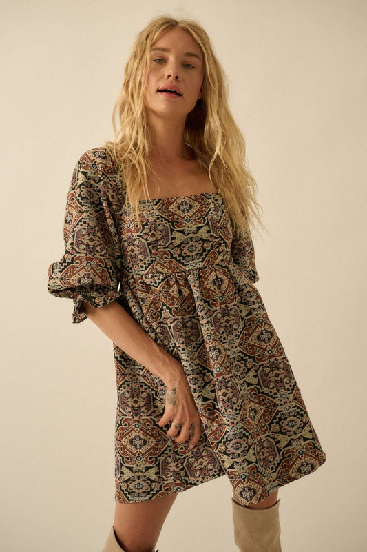 Ornate Jacquard Tapestry Babydoll Mini Dress: Black