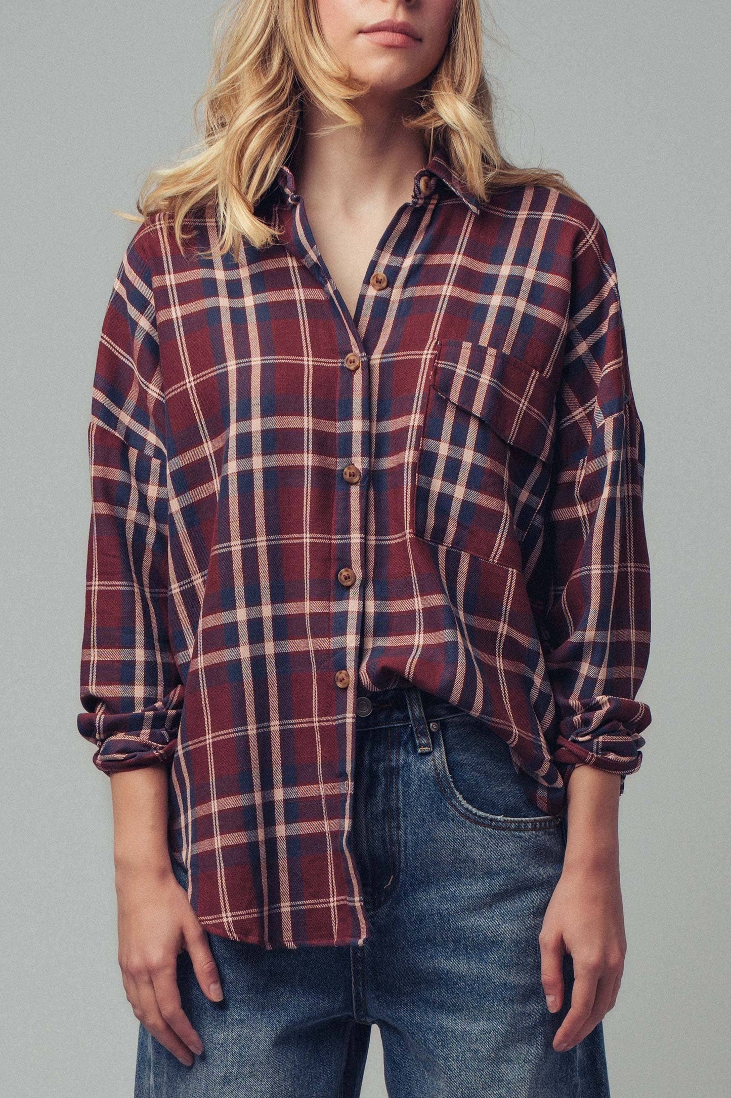 Classic Plaid Cotton Flannel Boyfriend Shirt: BURGUNDY MULTI